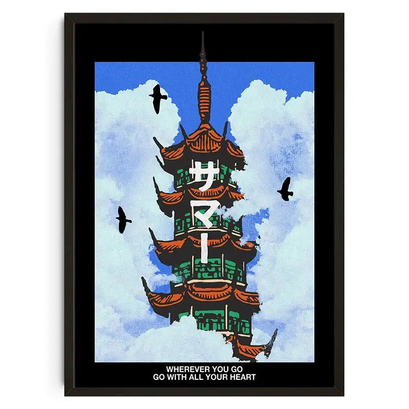 Black-framed decorbites™ wall art featuring a stylized orange and green pagoda with black birds, highlighting japanese koi cat themes
