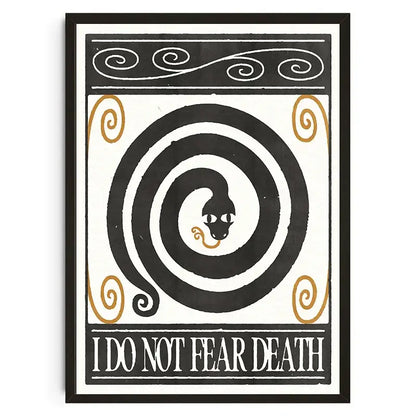 Black and white framed art print with gold accents featuring a stylized coiled snake and i do not fear death text for japanese koi cat decor