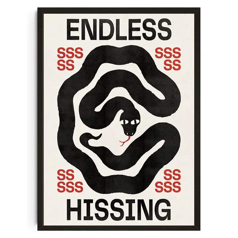 DecorBites™ japanese koi canvas wall art featuring black and white stylized snake with bold red endless hissing text