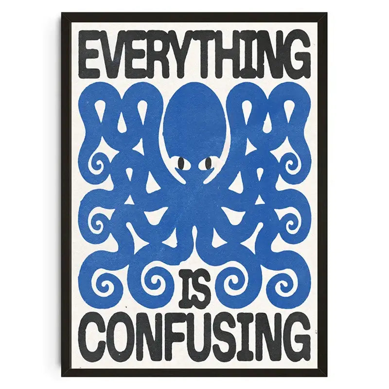 Decorbites™ japanese koi canvas wall art featuring a blue stylized octopus with bold text on cream background framed black