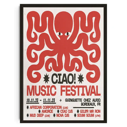 Decorbites™ japanese koi cat canvas wall art features a bold red stylized octopus on a minimalist black-framed poster background