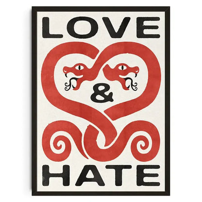A framed DecorBites™ canvas wall art with bold black text love and hate and a red heart formed by intertwined snakes featuring japanese koi cat design