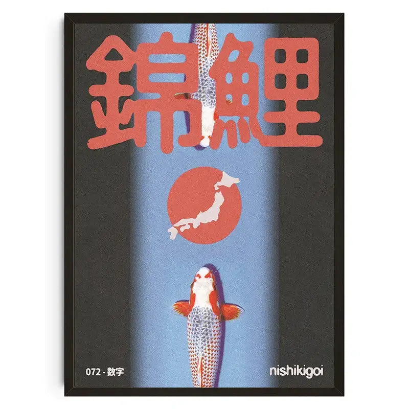 A framed DecorBites™ canvas wall art featuring bold red japanese koi characters above an orange and white koi cat on blue