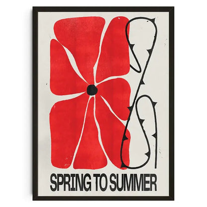 A framed DecorBites™ japanese koi cat canvas wall art featuring a bold red flower with black thorns and spring to summer text