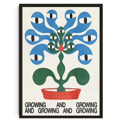 A framed decorbites™ japanese koi cat canvas wall art with stylized blue eye-shaped leaves in a red pot