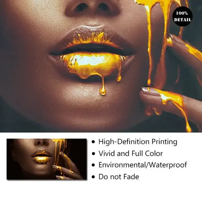 Decorbites™ japanese koi cat canvas wall art featuring golden liquid dripping artfully over glossy lips and fingers in high definition