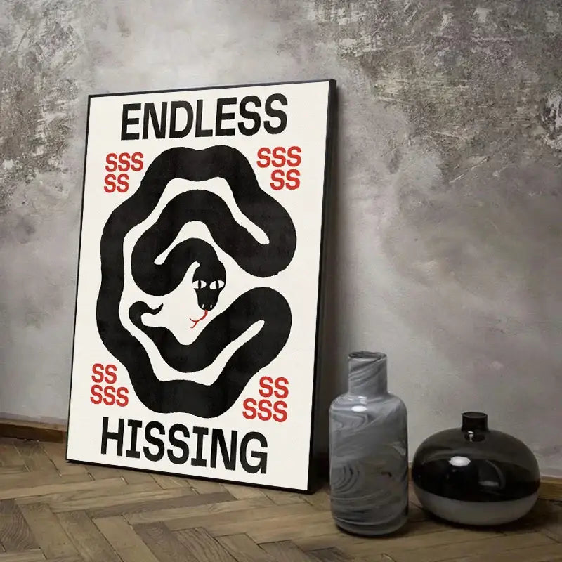Decorbites™ japanese koi cat canvas wall art featuring minimalist black and white snake with red endless hissing text