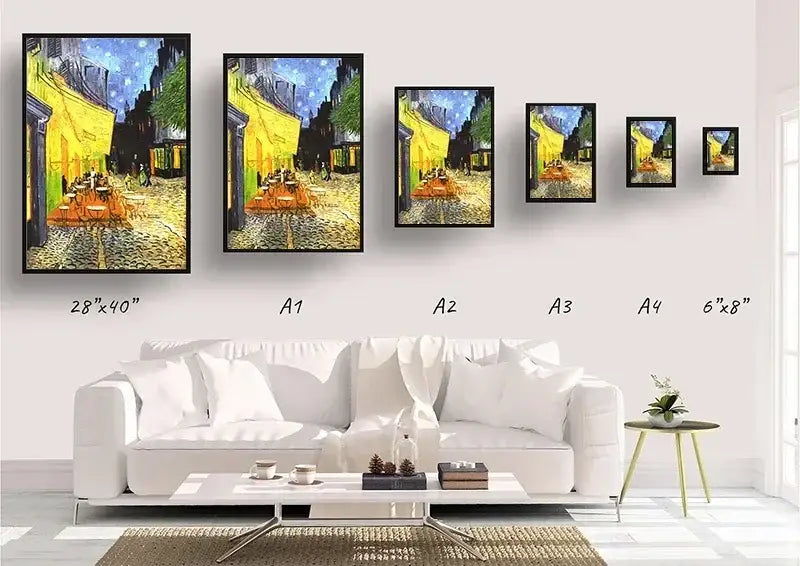 Set of five black framed canvas wall art reproductions of van gogh’s café terrace at night in descending sizes