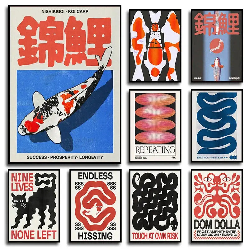 DecorBites™ japanese koi cat canvas wall art featuring a vibrant red and black koi cat with bold japanese characters