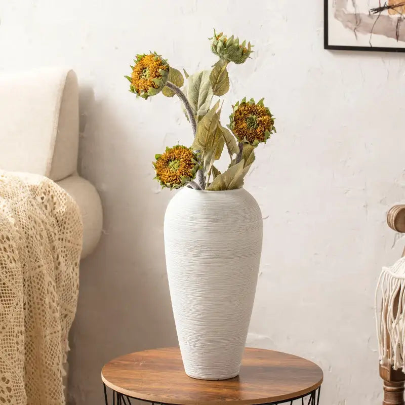 White textured ceramic hydroponic vase holding dried sunflowers in the DecorBites™ japanese minimalist hydroponic set