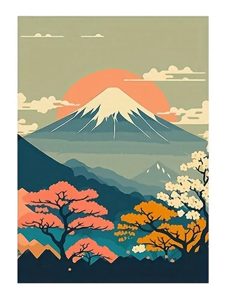 Stylized illustration of mount fuji with snow-capped peak and warm orange sun in DecorBites™ japanese nature landscape wall art