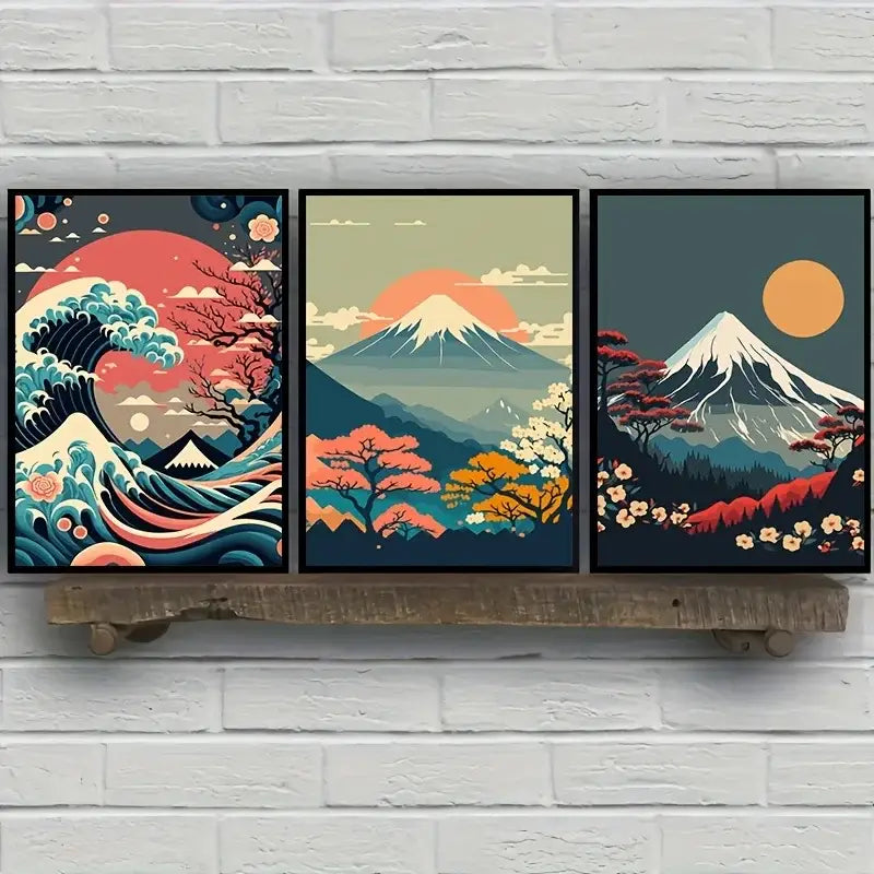 Three framed decorbites™ japanese nature landscape canvas wall art featuring vibrant mount fuji waves and cherry blossoms