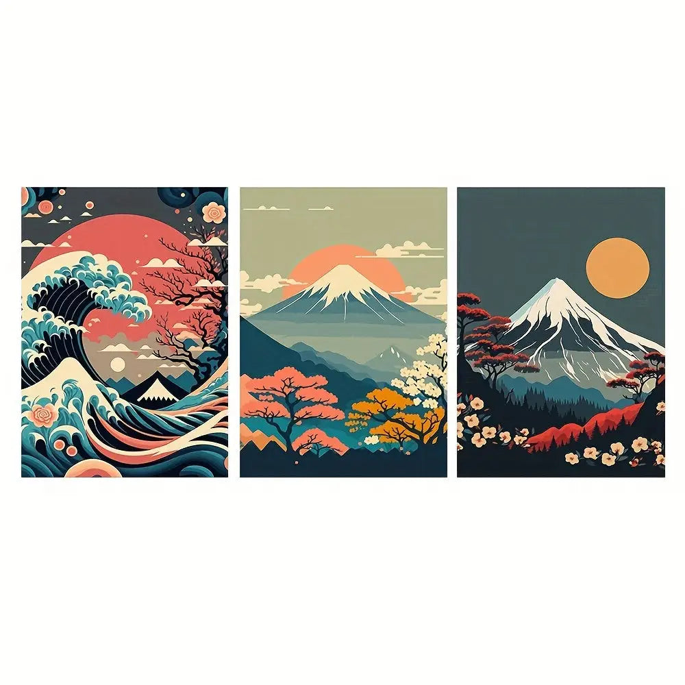 DecorBites™ japanese nature landscape wall art featuring mount fuji, autumn trees, and dynamic waves on canvas
