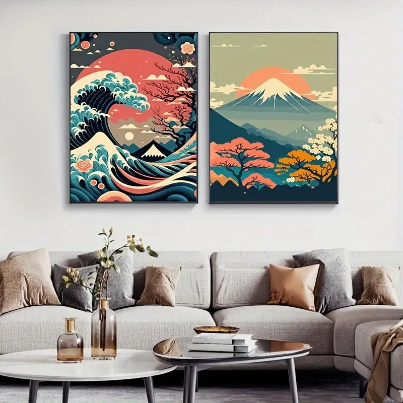 Two framed decorbites™ japanese nature landscape wall art pieces with vibrant colors hang above a gray sectional sofa
