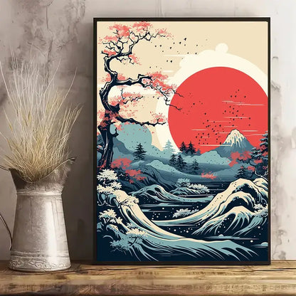 A framed DecorBites™ Japanese vintage art canvas featuring a stylized cherry blossom tree with waves and mountains