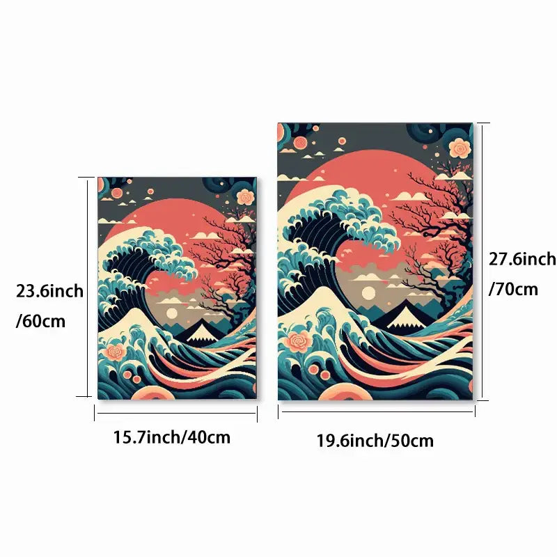 Stylized wave and mountain canvas print in vibrant teal coral and black hues from decorbites™ japanese vintage art set