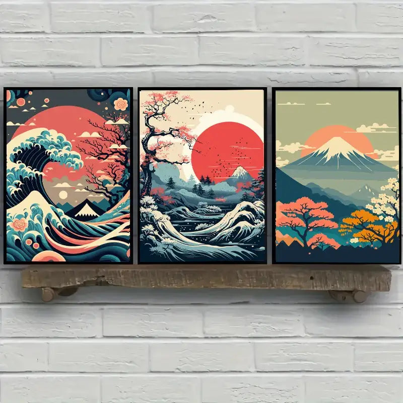 Set of three framed japanese vintage art prints featuring stylized waves cherry blossoms and mount fuji with red suns