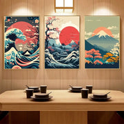 Three framed decorbites™ japanese vintage art canvas set featuring stylized waves cherry blossoms and mount fuji