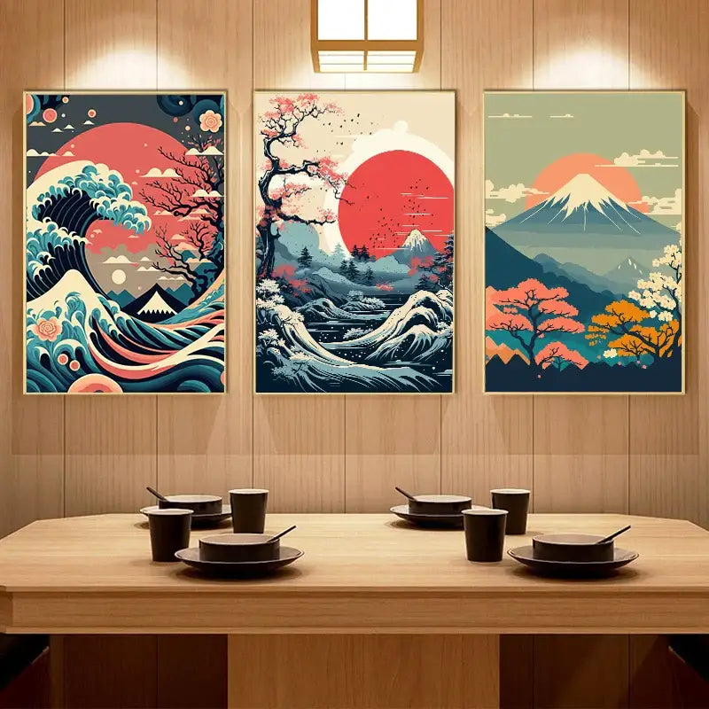 Three framed decorbites™ japanese vintage art canvas set featuring stylized waves cherry blossoms and mount fuji