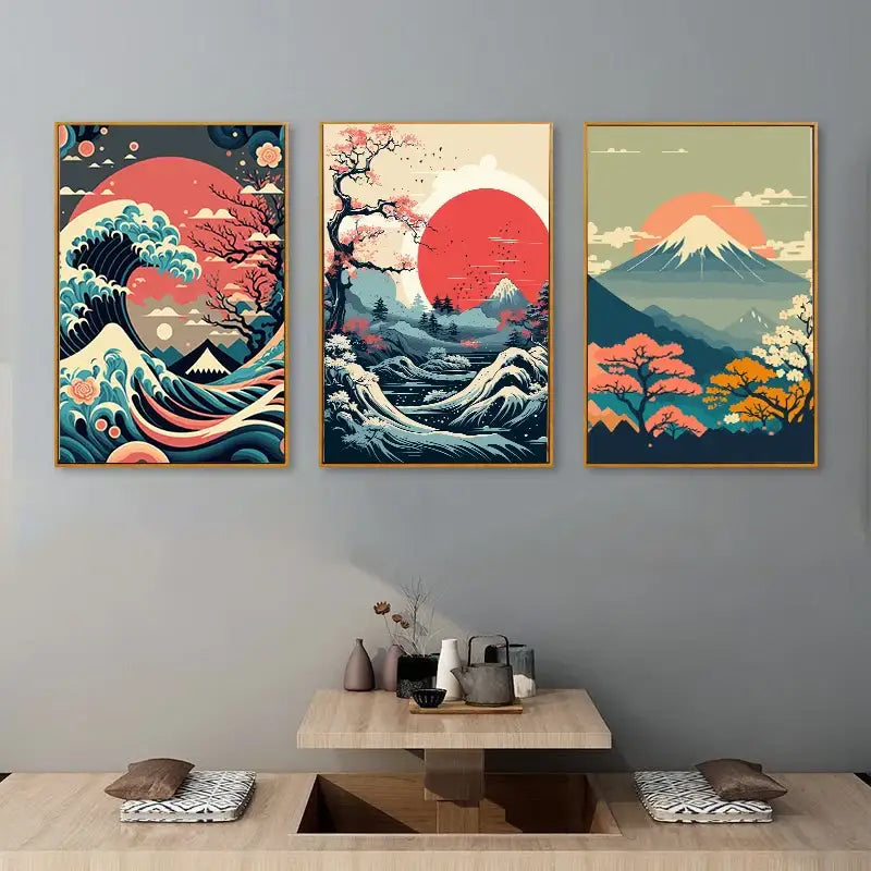 Decorbites™ japanese vintage art canvas set with three framed pieces featuring stylized waves cherry blossoms and mount fuji