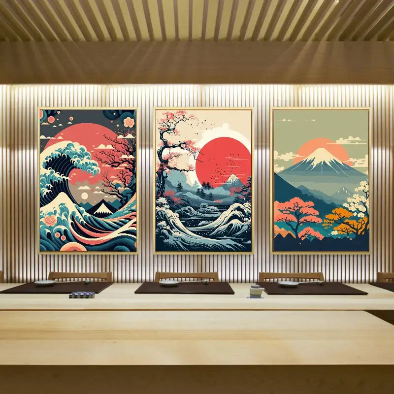 Three framed japanese vintage art canvas set featuring vibrant red suns and stylized waves in retro design
