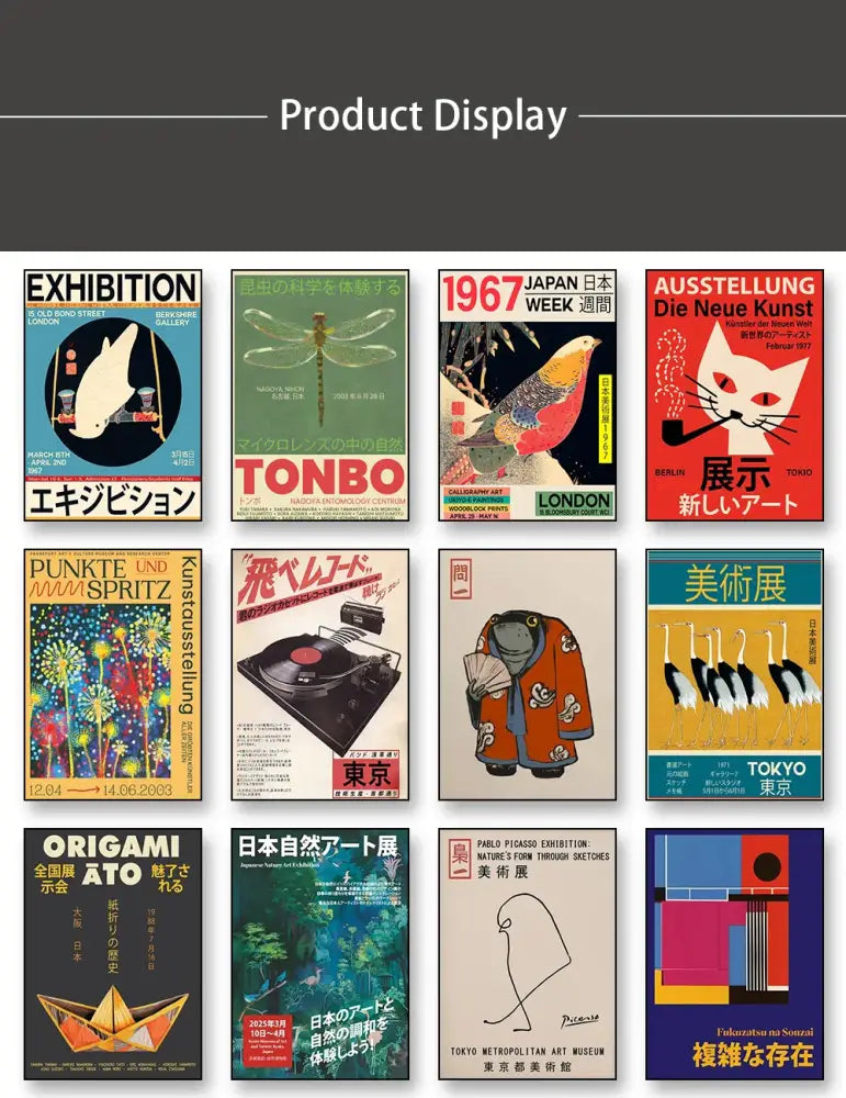 A collection of colorful vintage music wall art posters with bold typography and japanese vintage music themes by decorbites