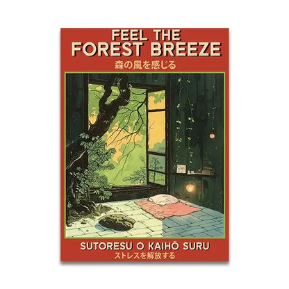 Red-framed decorbites™ japanese vintage music canvas wall art featuring a window scene with trees and feel the forest breeze text