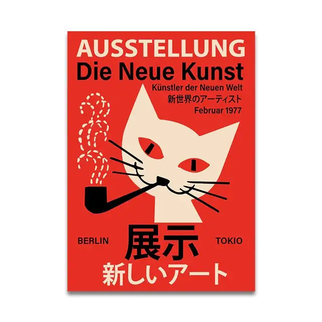 Vibrant red decorbites™ japanese vintage music canvas wall art with stylized white cat smoking a pipe in graphic design