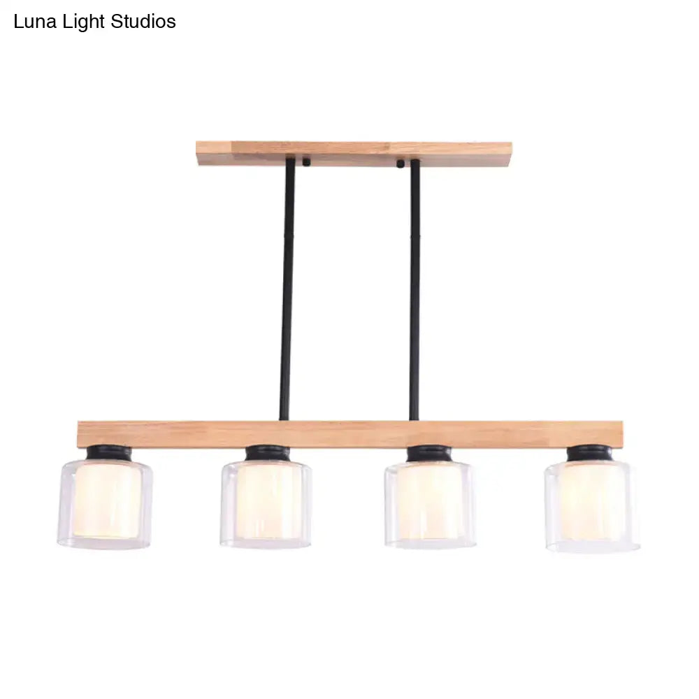 Decorbites japanese white glass cylinder led island pendant with natural wood frame and black metal rods for dining room