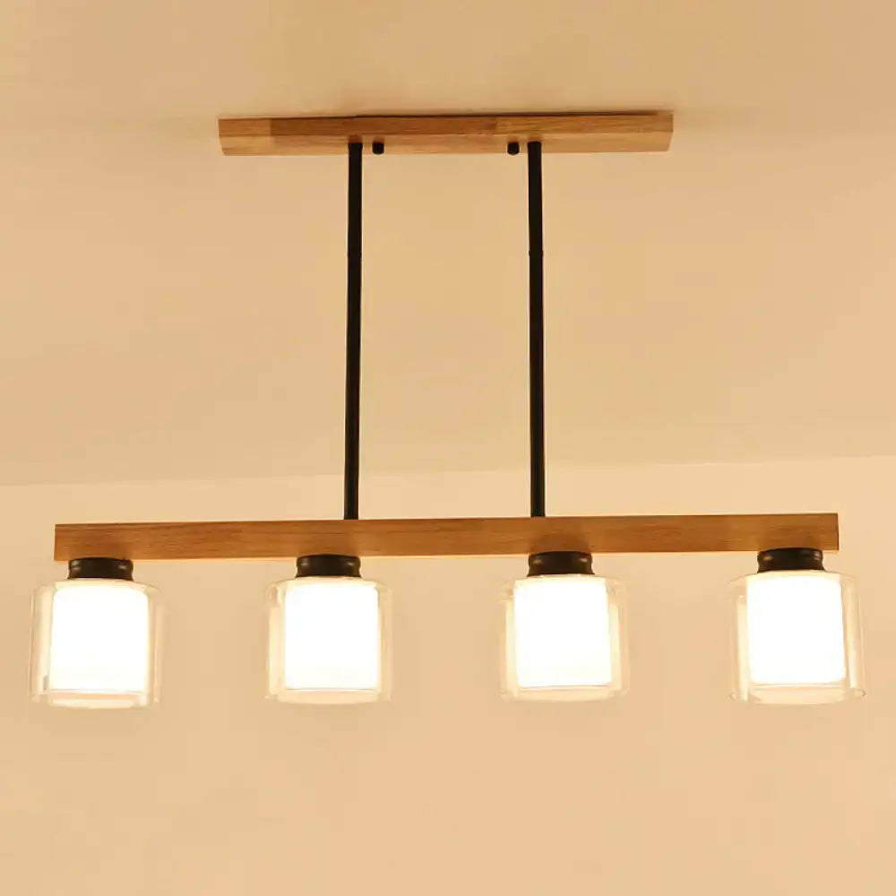DecorBites™ Japanese white glass cylinder led island pendant with wooden bar and frosted glass lampshades for dining room