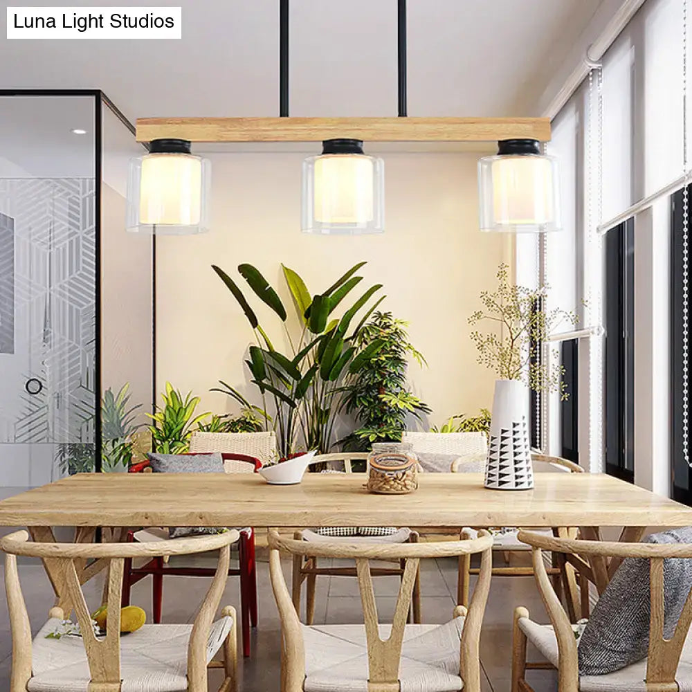 Decorbites™ japanese white glass cylinder led island pendant light with three clear glass shades and black metal accents