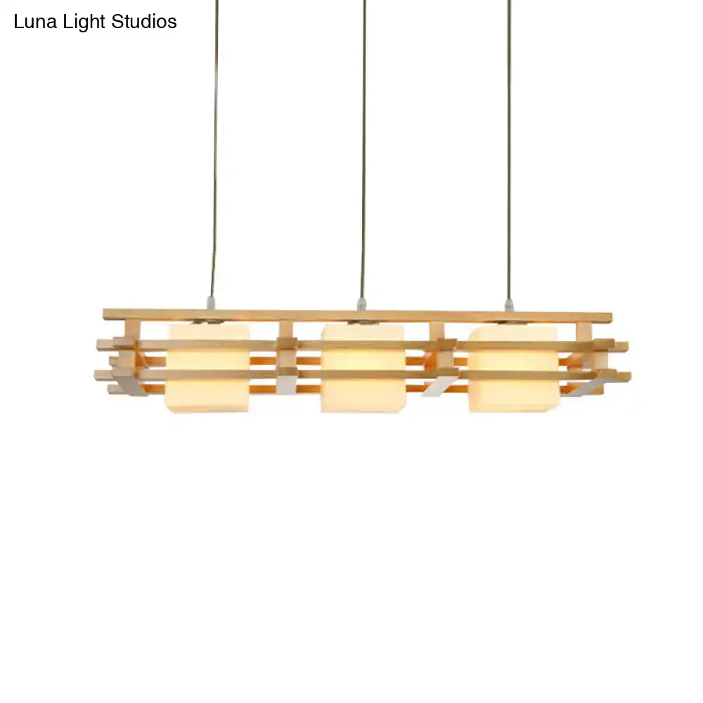 DecorBites japanese wood ceiling pendant light with three warm-toned blown glass shades suspended by metal cords