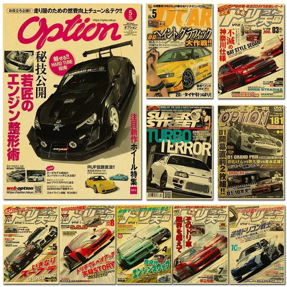 DecorBites™ JDM retro racing car poster print featuring a black matte sports car with rear spoiler and white-rimmed wheels