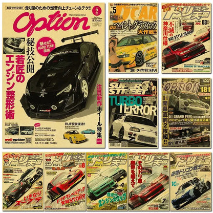 DecorBites™ JDM retro racing car poster print featuring a black matte sports car with rear spoiler and white-rimmed wheels