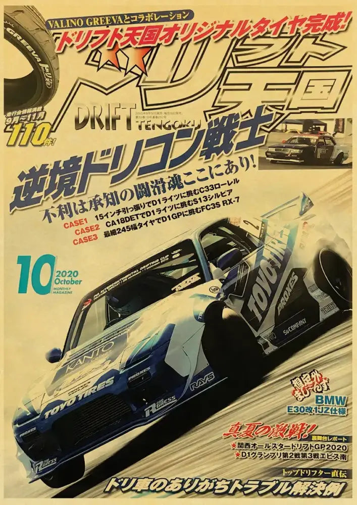 Decorbites™ jdm retro racing poster print featuring a blue and white retro racing car with toyo tires and kanto logos