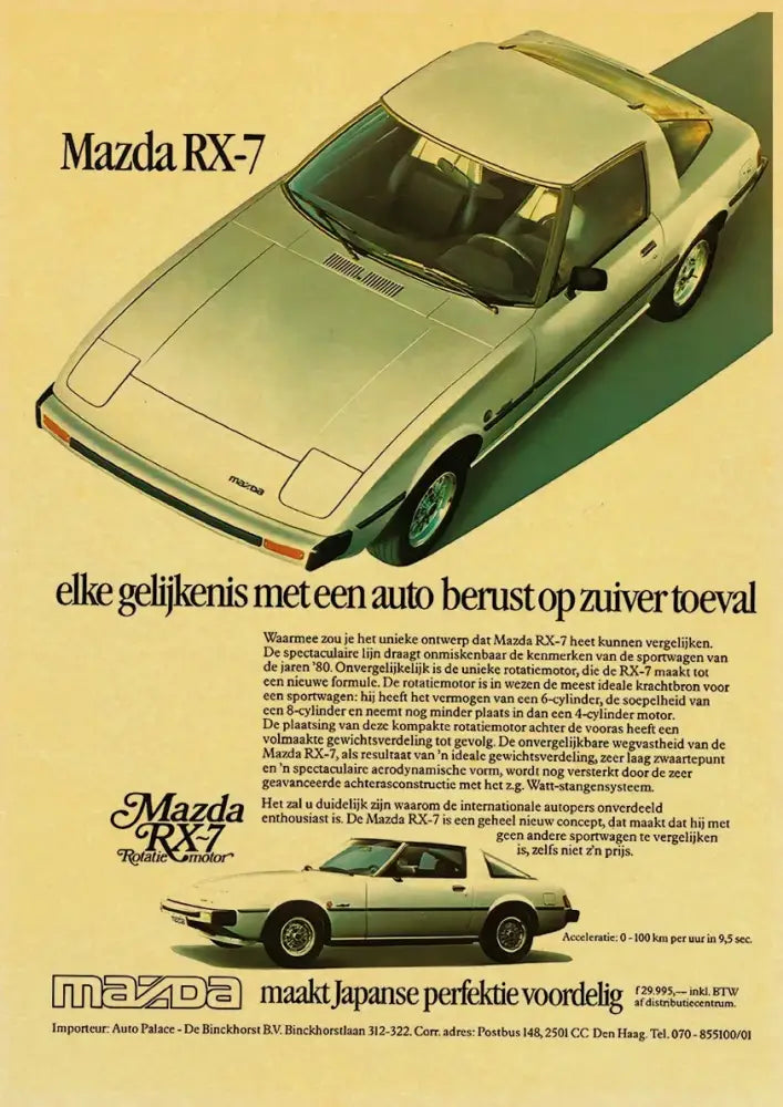 White mazda rx-7 sports car with sleek design and angular headlights in decorbites jdm retro racing poster print