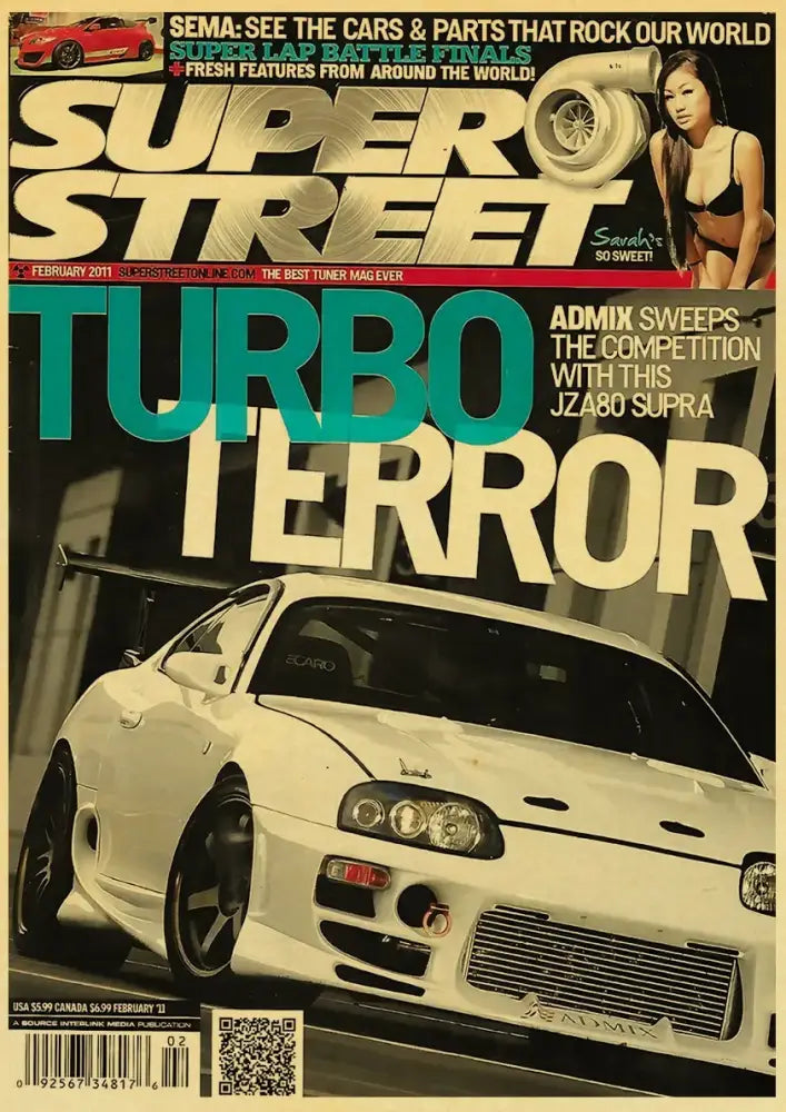 Decorbites™ jdm retro racing car poster print featuring white modified toyota supra with black rims and front grille
