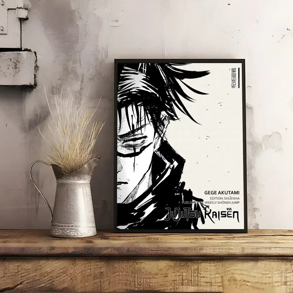 Black and white framed decorbites™ wall art featuring a stylized jujutsu kaisen anime character from j-jujutsues japan anime