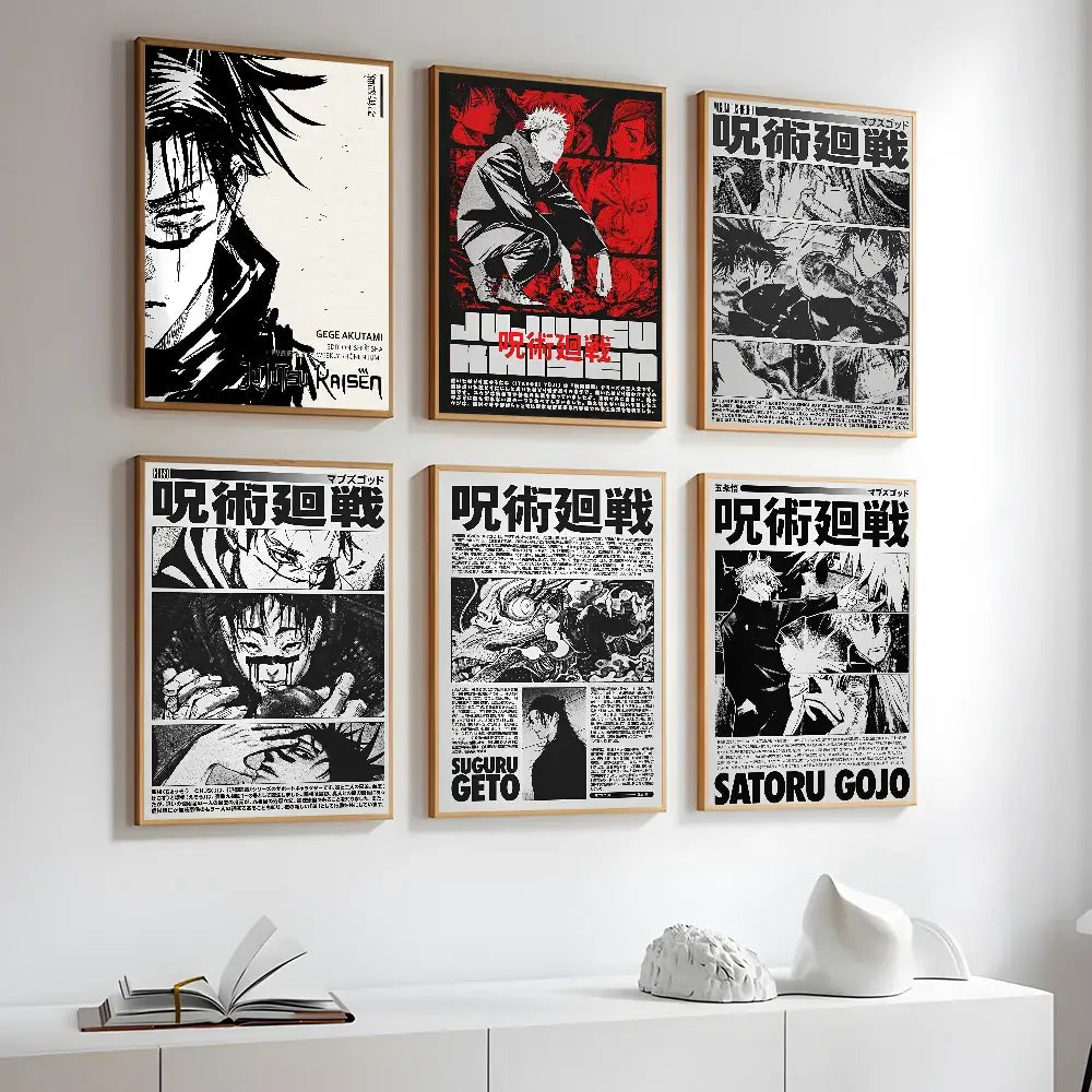 Six framed decorbites™ jujutsu kaisen anime wall art posters with black and white manga art and bold red japanese text