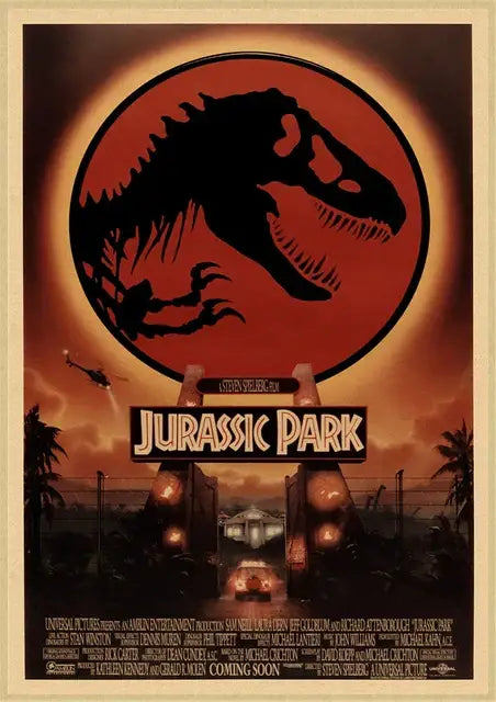 Decorbites™ jurassic park dinosaur canvas wall art featuring a black t-rex silhouette on a red jurassic park logo background