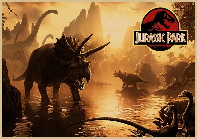 Decorbites™ jurassic park dinosaur canvas wall art featuring a dark armored triceratops under an orange sky