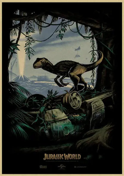 DecorBites™ jurassic park dinosaur canvas wall art featuring a dark velociraptor on rusted machinery in a jungle setting