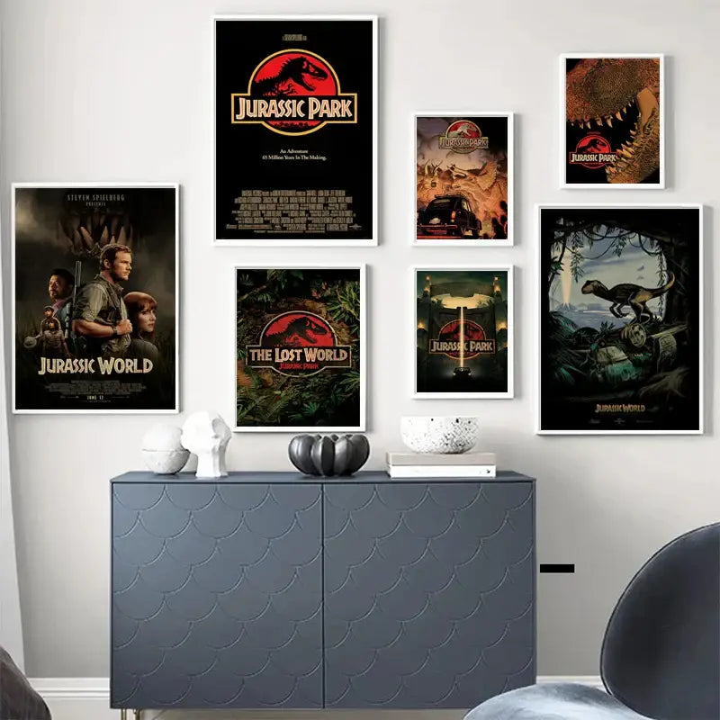 Gray textured cabinet with scalloped front panels and silver legs styled with decorbites jurassic park dinosaur canvas wall art