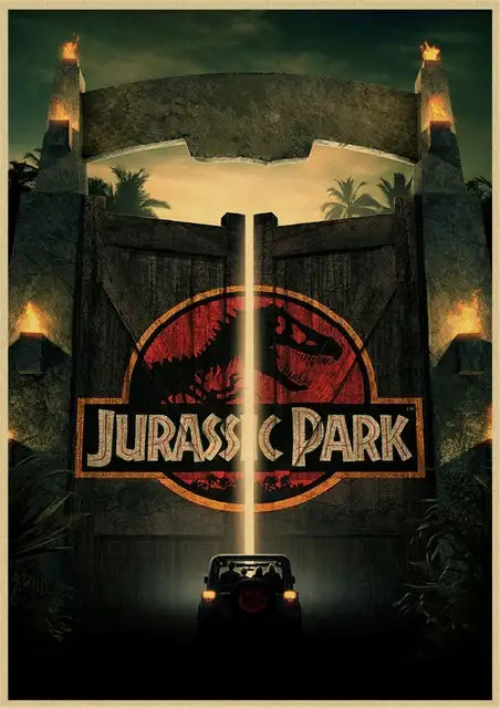 Decorbites™ jurassic park dinosaur canvas wall art features iconic red t-rex logo on stone gates with torch-lit towers