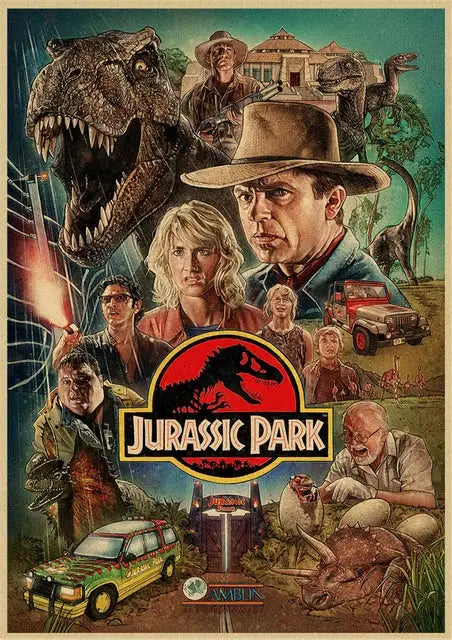 Decorbites™ jurassic park dinosaur canvas wall art featuring red logo and character scenes in vivid colors