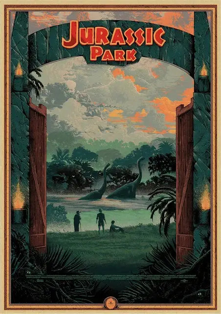 Decorbites™ jurassic park dinosaur canvas wall art featuring a stylized archway with glowing torches and dinosaurs under an orange sky