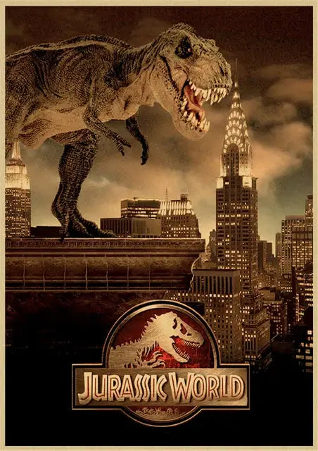 A sepia-toned jurassic park dinosaur canvas wall art of a roaring tyrannosaurus rex on the Chrysler building