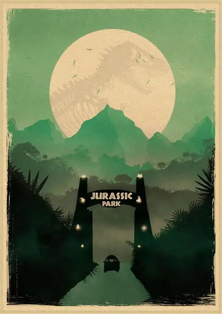 DecorBites™ jurassic park dinosaur canvas wall art with stylized gate and dinosaur silhouettes in muted green and beige tones