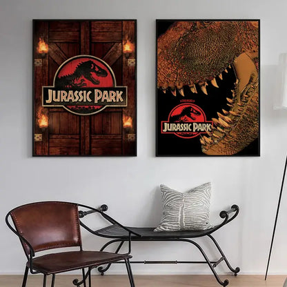 Two framed jurassic park dinosaur canvas wall art featuring the iconic logo on a wooden door and a t-rex jaws close-up