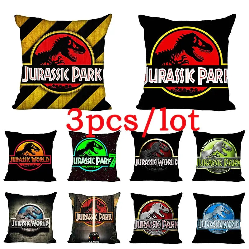 Set of nine decorbites jurassic park dinosaur pillowcases with iconic logos in black yellow green red blue and metallic colors